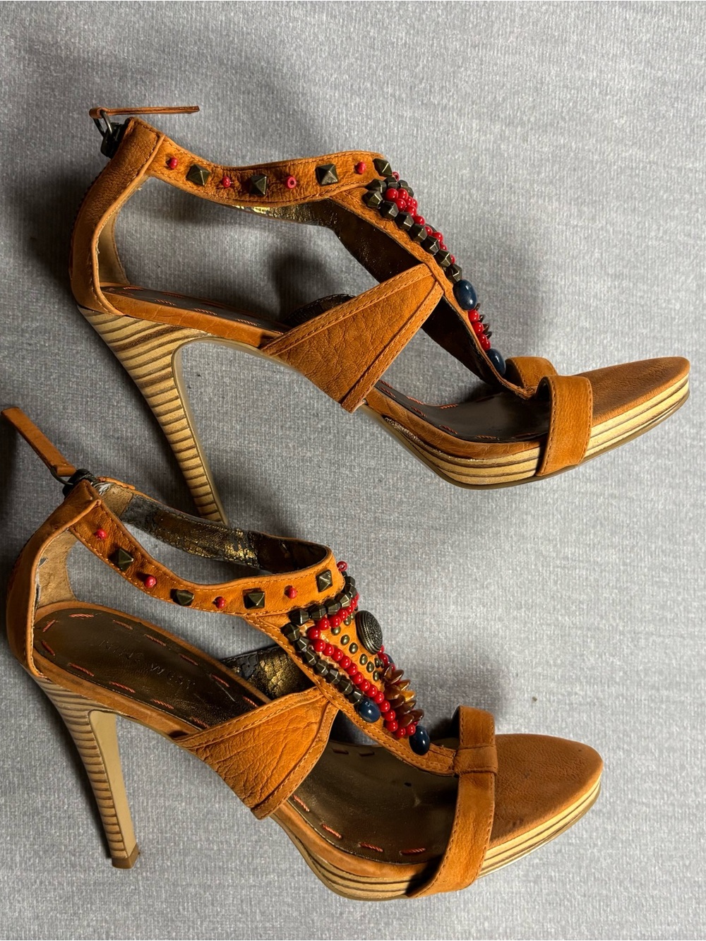 Boho Beaded High Heel Sandals Brown Studded Festival Heels Open Toe